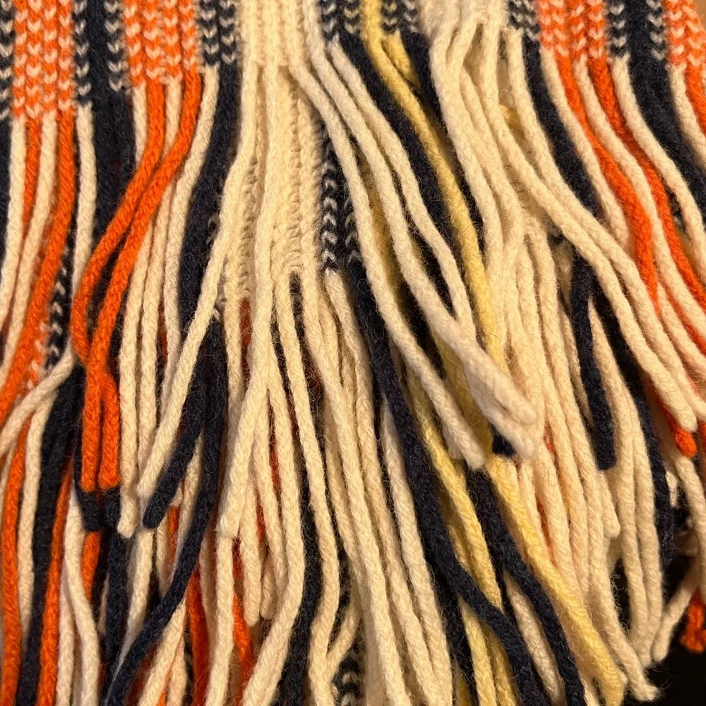 Multi color striped down fringe wool scarf fine textured knit